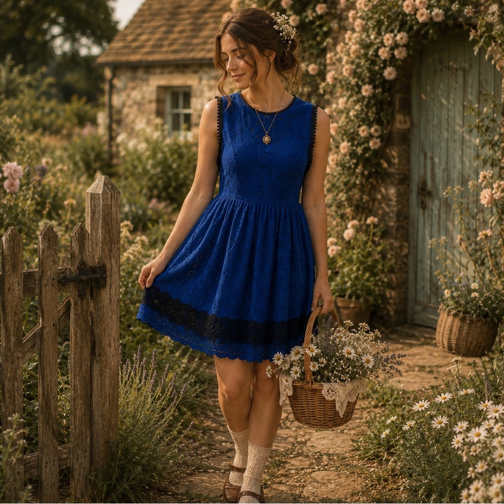 Francesca’s Cobalt Blue Lace Babydoll Dress Festival Cottagecore Boho Western  S